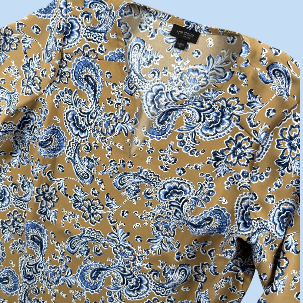 J.Jill Wearever Blouse Women M Tan Blue Paisley Split Neck Long Sleeve Top Chic